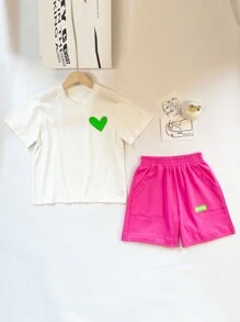 Teen Girl Heart Print Tee & Letter Graphic Shorts Set