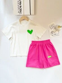 Teen Girl Heart Print Tee & Letter Graphic Shorts Set