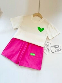 Teen Girl Heart Print Tee & Letter Graphic Shorts Set