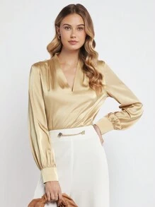 BizChic V領素色緞面上衣工作服 - 香檳色 - 查看 1