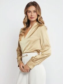 BizChic V領素色緞面上衣工作服 - 香檳色 - 查看 6