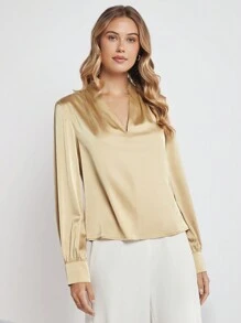 BizChic V領素色緞面上衣工作服 - 香檳色 - 查看 7