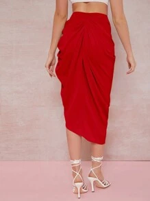 Silquee 褶邊高衩素色半身裙 - 紅色 - 查看 2