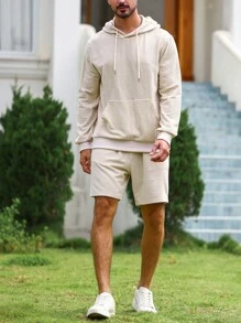 Manfinity Homme 男士袋鼠口袋抽繩連帽衫和短褲 - 杏色 - 查看 4