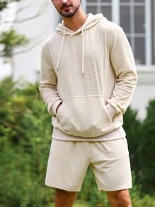 Manfinity Homme 男士袋鼠口袋抽繩連帽衫和短褲 - 杏色 - 查看 5