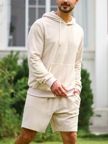 Manfinity Homme 男士袋鼠口袋抽繩連帽衫和短褲 - 杏色 - 查看 6