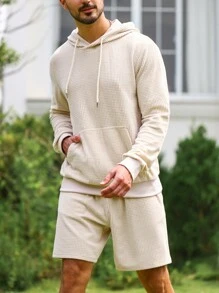 Manfinity Homme 男士袋鼠口袋抽繩連帽衫和短褲 - 杏色 - 查看 7