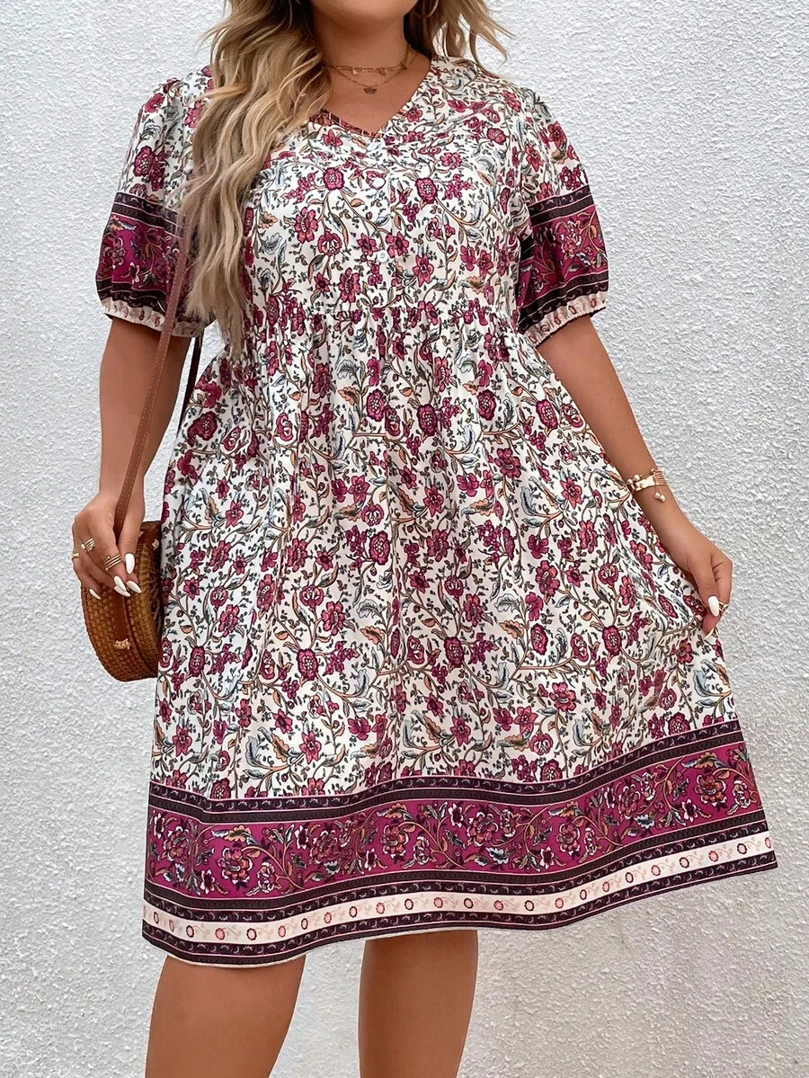 SHEIN LUNE 大碼印花泡泡袖連衣裙 - 粉色 - 查看 1