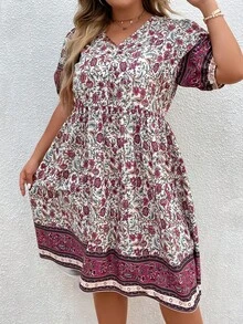 SHEIN LUNE 大碼印花泡泡袖連衣裙 - 粉色 - 查看 5