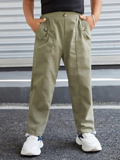SHEIN Pantalones rectos de tejido liso y unicolor para niños jóvenes con bolsillos decorativos para uso informal