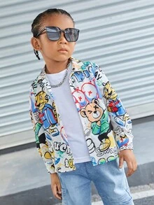 SHEIN Young Boys' Cute Casual Loose Fit Cartoon Print Woven Long Sleeve Shirt - Multicolor - View 3