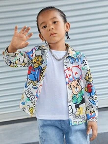 SHEIN Young Boys' Cute Casual Loose Fit Cartoon Print Woven Long Sleeve Shirt - Multicolor - View 5