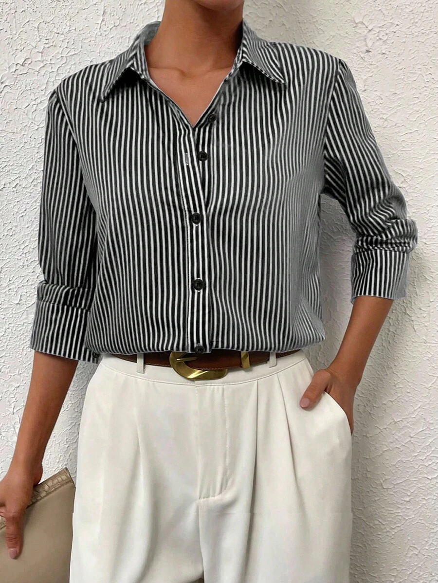 SHEIN Essnce Striped Print Button Front Shirt - Black - View 1