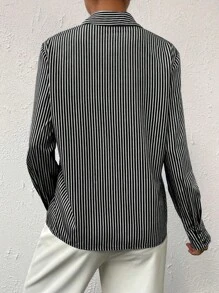 SHEIN Essnce Striped Print Button Front Shirt - Black - View 2