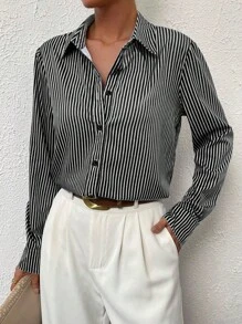 SHEIN Essnce Striped Print Button Front Shirt - Black - View 4