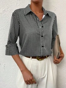 SHEIN Essnce Striped Print Button Front Shirt - Black - View 5