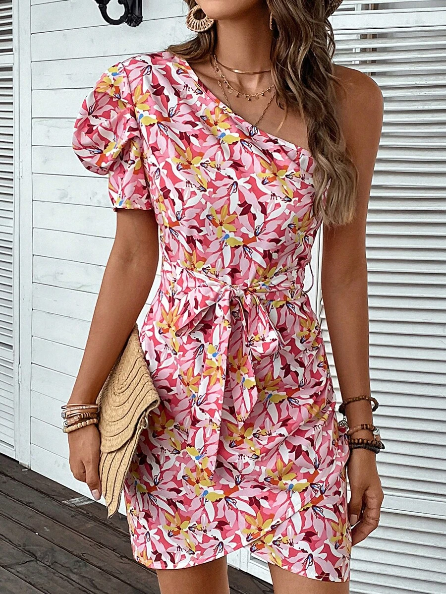 SHEIN VCAY Đầm Bất đối xứng Thắt lưng Trọn gói Tất cả trên in Boho - Nhiều màu - Xem 1