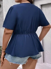 SHEIN Clasi 大碼交疊領泡泡袖荷葉邊下擺襯衫 - 藏蓝色 - 查看 2