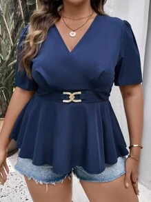 SHEIN Clasi 大碼交疊領泡泡袖荷葉邊下擺襯衫 - 藏蓝色 - 查看 1