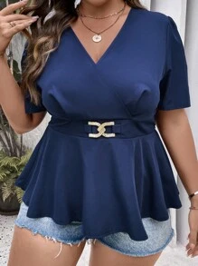 SHEIN Clasi 大碼交疊領泡泡袖荷葉邊下擺襯衫 - 藏蓝色 - 查看 7