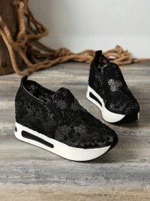 女士拼接網紗透氣刺繡細節坡跟運動鞋,運動戶外網紗運動鞋