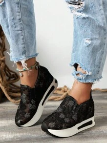 女士拼接網紗透氣刺繡細節坡跟運動鞋,運動戶外網紗運動鞋