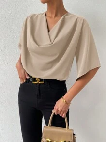 Chiquease 素色垂領襯衫 - 杏色 - 查看 4