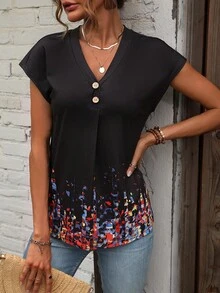 EMERY ROSE 圖案印花蝙蝠袖T恤 - 黑色 - 查看 4