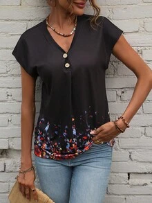 EMERY ROSE 圖案印花蝙蝠袖T恤 - 黑色 - 查看 5