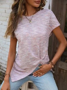 SHEIN LUNE 段染扭結下擺T恤 - 粉色 - 查看 3