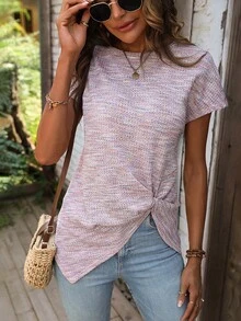 SHEIN LUNE 段染扭結下擺T恤 - 粉色 - 查看 4