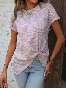 SHEIN LUNE 段染扭結下擺T恤 - 粉色 - 查看 5