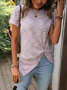 SHEIN LUNE 段染扭結下擺T恤 - 粉色 - 查看 6