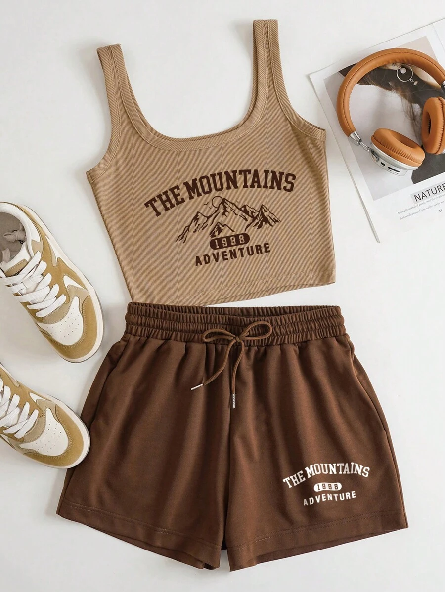 INAWLY Mountain & Letter Graphic Tank Top & Drawstring Waist Shorts - Brown - View 1