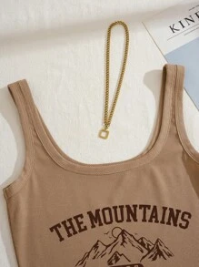 INAWLY Mountain & Letter Graphic Tank Top & Drawstring Waist Shorts - Brown - View 4