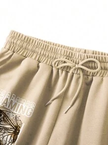 INAWLY Slogan & Butterfly Graphic Drawstring Waist Shorts - Khaki - View 3