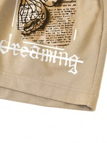 INAWLY Slogan & Butterfly Graphic Drawstring Waist Shorts - Khaki - View 5