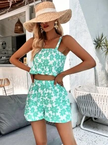SHEIN Unity 1 Miếng In hoa Quần short - màu xanh lá - Xem 1