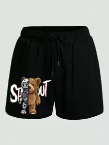 Manfinity Dauomo 男士熊和字母圖案腰部抽繩短褲 - 黑色 - 查看 4
