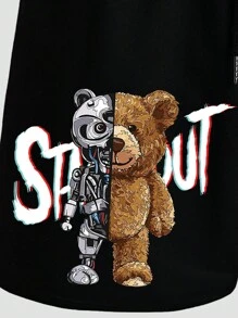 Manfinity Dauomo 男士熊和字母圖案腰部抽繩短褲 - 黑色 - 查看 3