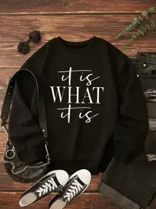 INAWLY Slogan Graphic Thermal Lined Sweatshirt It Is WHAT It Is - Black - View 1