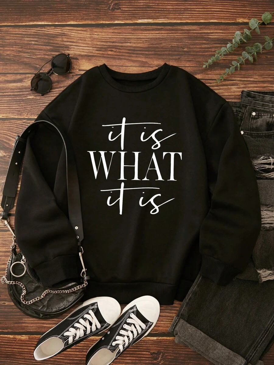 INAWLY Slogan Graphic Thermal Lined Sweatshirt It Is WHAT It Is - Black - View 1