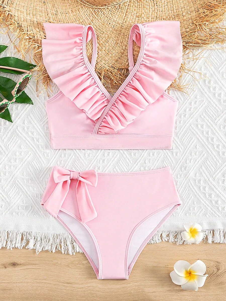 Tween Girl Ruffle Trim Bow Front Bikini Set Summer Beach - Pink - View 1