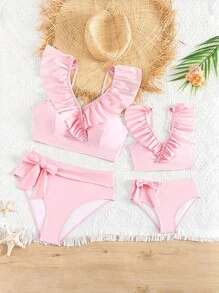 Tween Girl Ruffle Trim Bow Front Bikini Set Summer Beach - Pink - View 2
