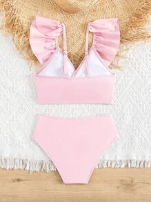 Tween Girl Ruffle Trim Bow Front Bikini Set Summer Beach - Pink - View 3