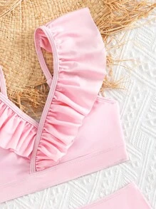 Tween Girl Ruffle Trim Bow Front Bikini Set Summer Beach - Pink - View 5