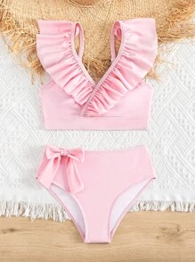 Tween Girl Ruffle Trim Bow Front Bikini Set Summer Beach - Pink - View 6