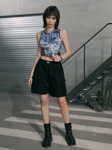 Studio Chunk Nhuộm buộc In bướm Áo ba lỗ - Màu xanh lam - Xem 4