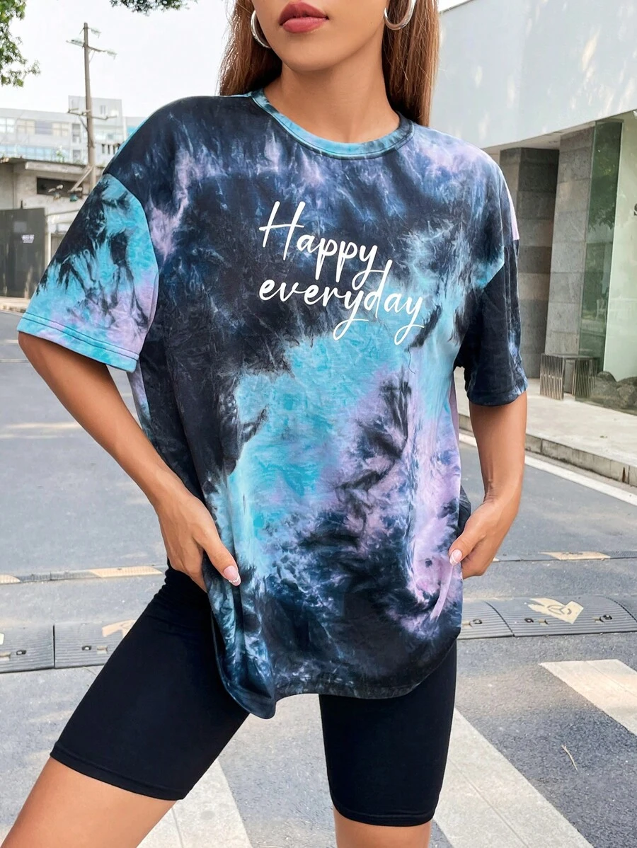 Muchica Tie Dye Letter Graphic Drop Shoulder Tee - Multicolor - View 1