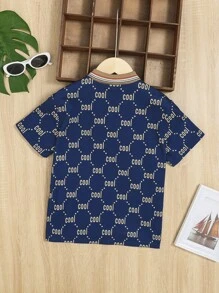 SHEIN Tween Boy Collared Graphic Print Short Sleeve Knit Polo - Blue - View 4